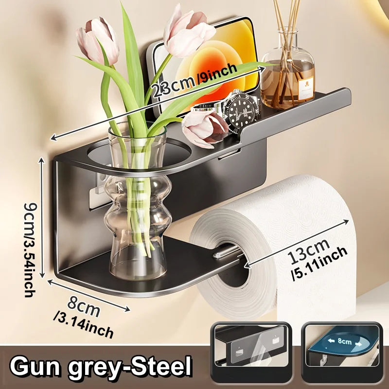 Self-Adhesive Toilet Paper Holder with Phone Shelf Stainless Steel Wall-Mounted Toilet Paper Roll Holder - Rustproof