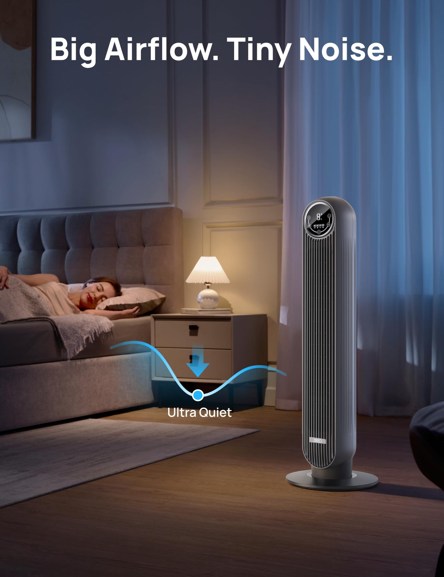 DREO Tower Fan for Bedroom, 28ft/s Velocity, Ultra Quiet Fan, 8 Speeds