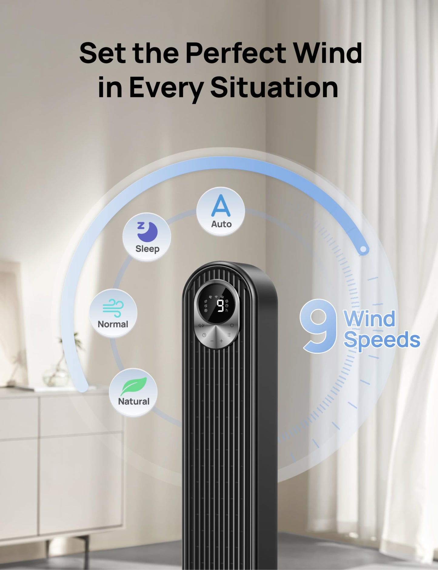 DREO Tower Fan for Bedroom, 28ft/s Velocity, Ultra Quiet Fan, 8 Speeds