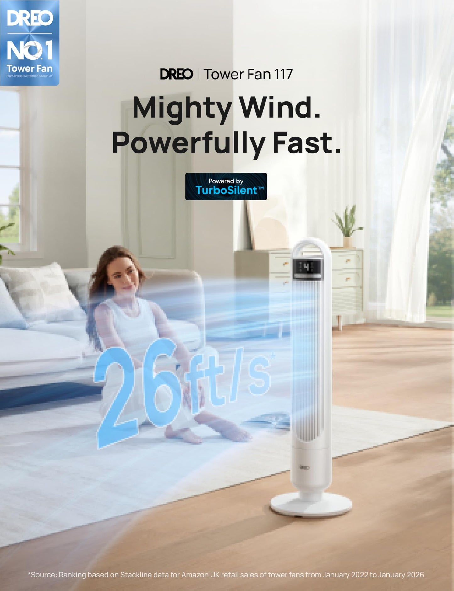 DREO Tower Fan for Bedroom, 28ft/s Velocity, Ultra Quiet Fan, 8 Speeds