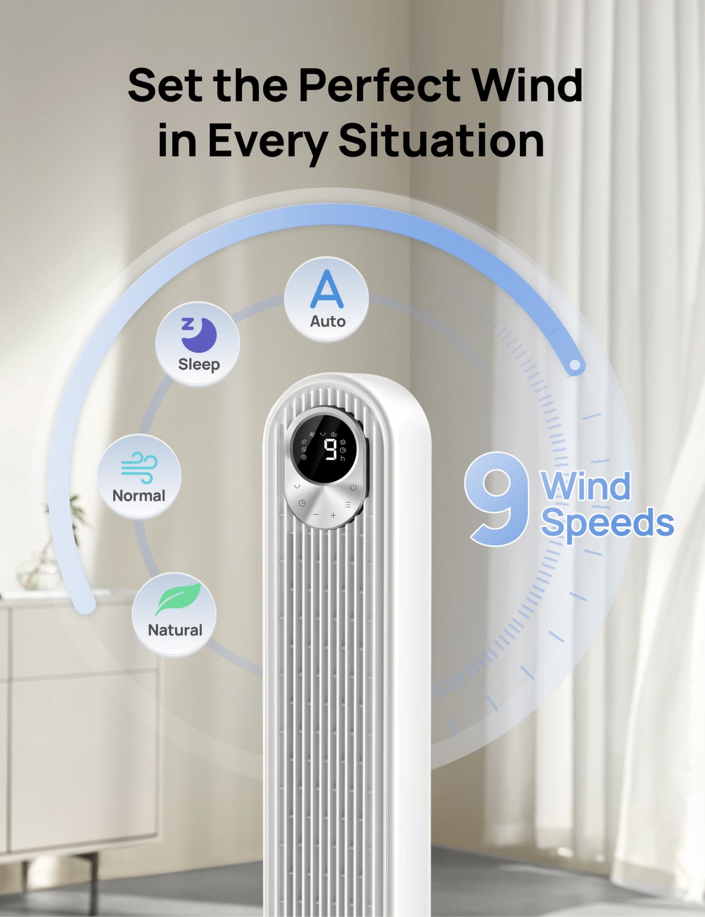 DREO Tower Fan for Bedroom, 28ft/s Velocity, Ultra Quiet Fan, 8 Speeds