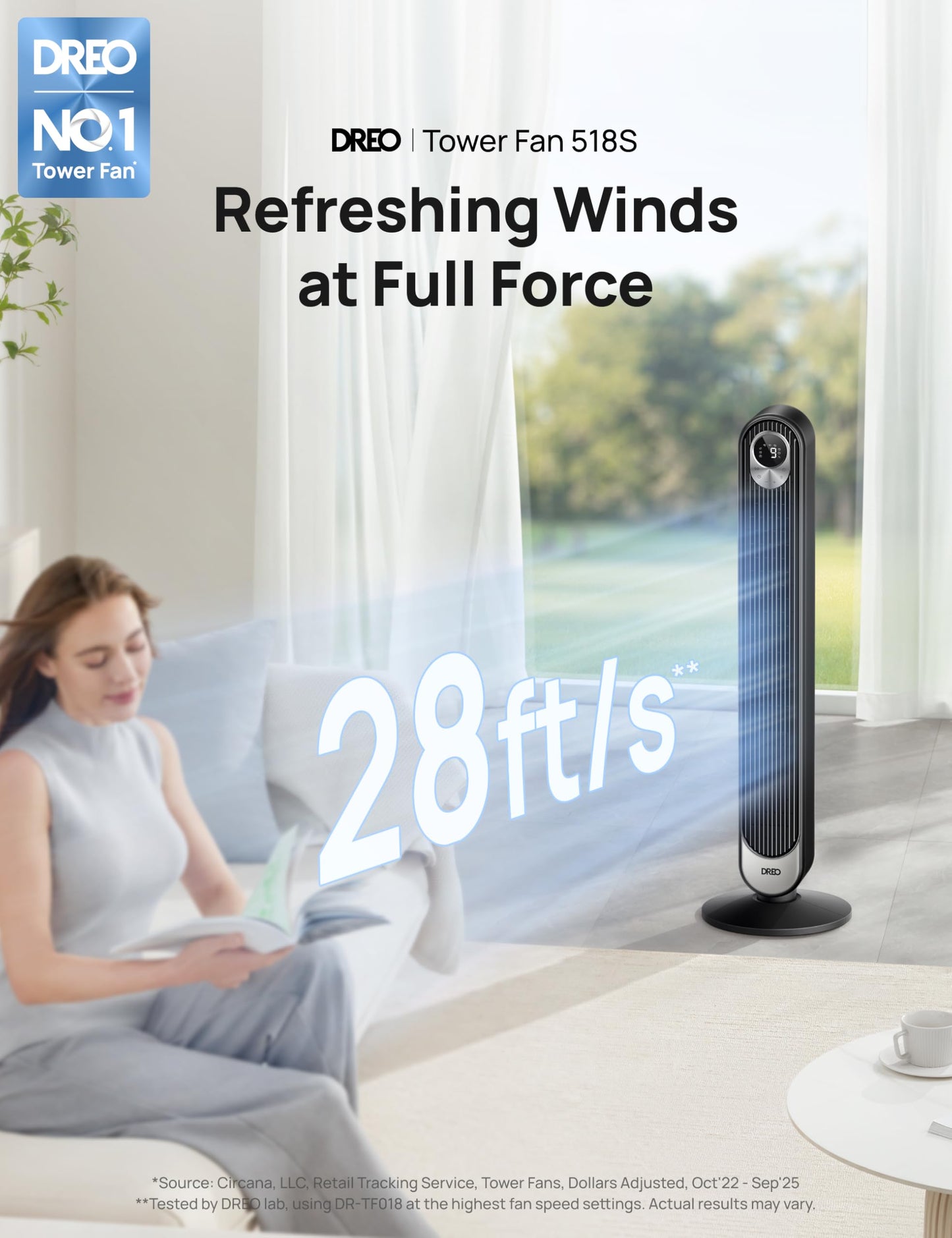 DREO Tower Fan for Bedroom, 28ft/s Velocity, Ultra Quiet Fan, 8 Speeds