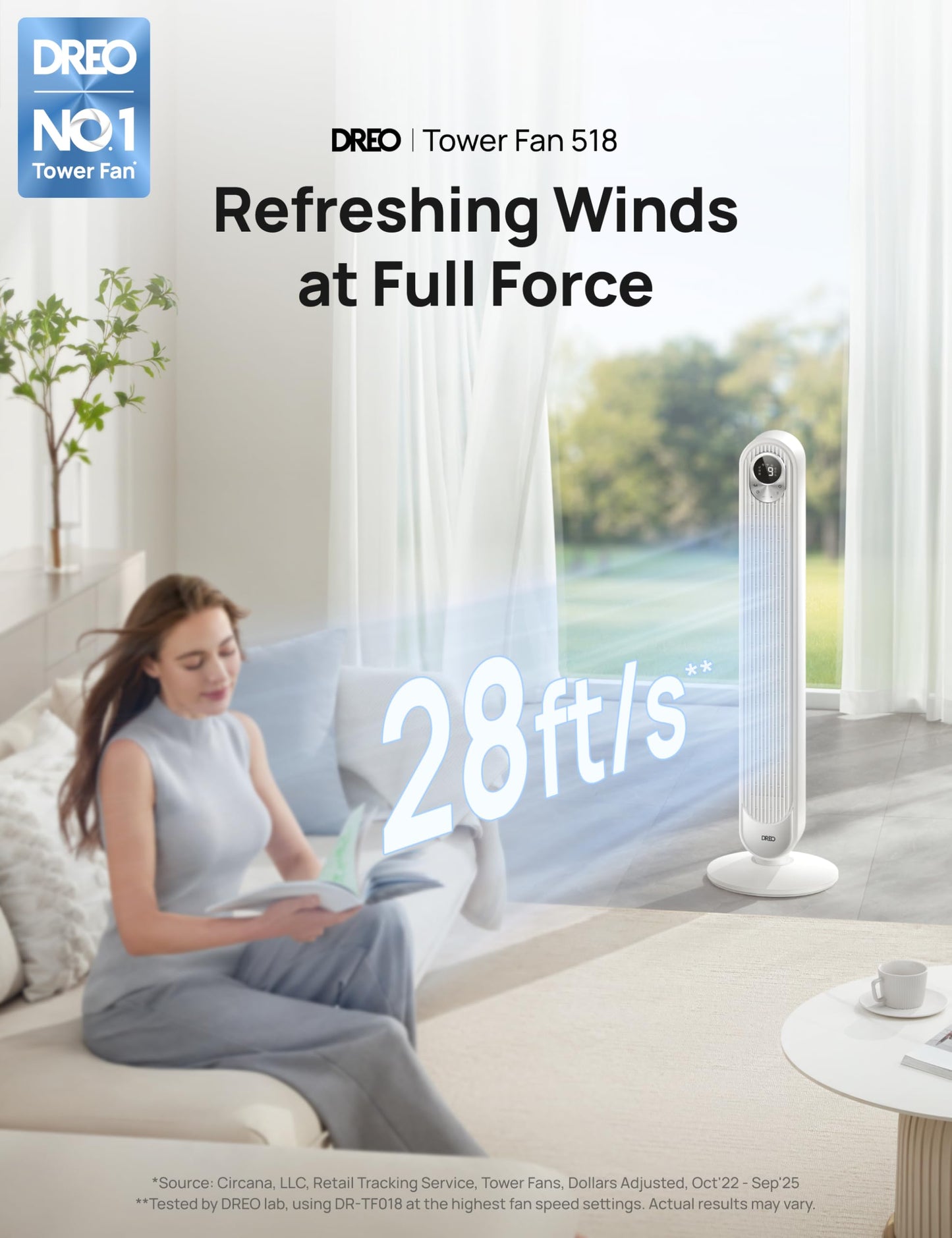 DREO Tower Fan for Bedroom, 28ft/s Velocity, Ultra Quiet Fan, 8 Speeds