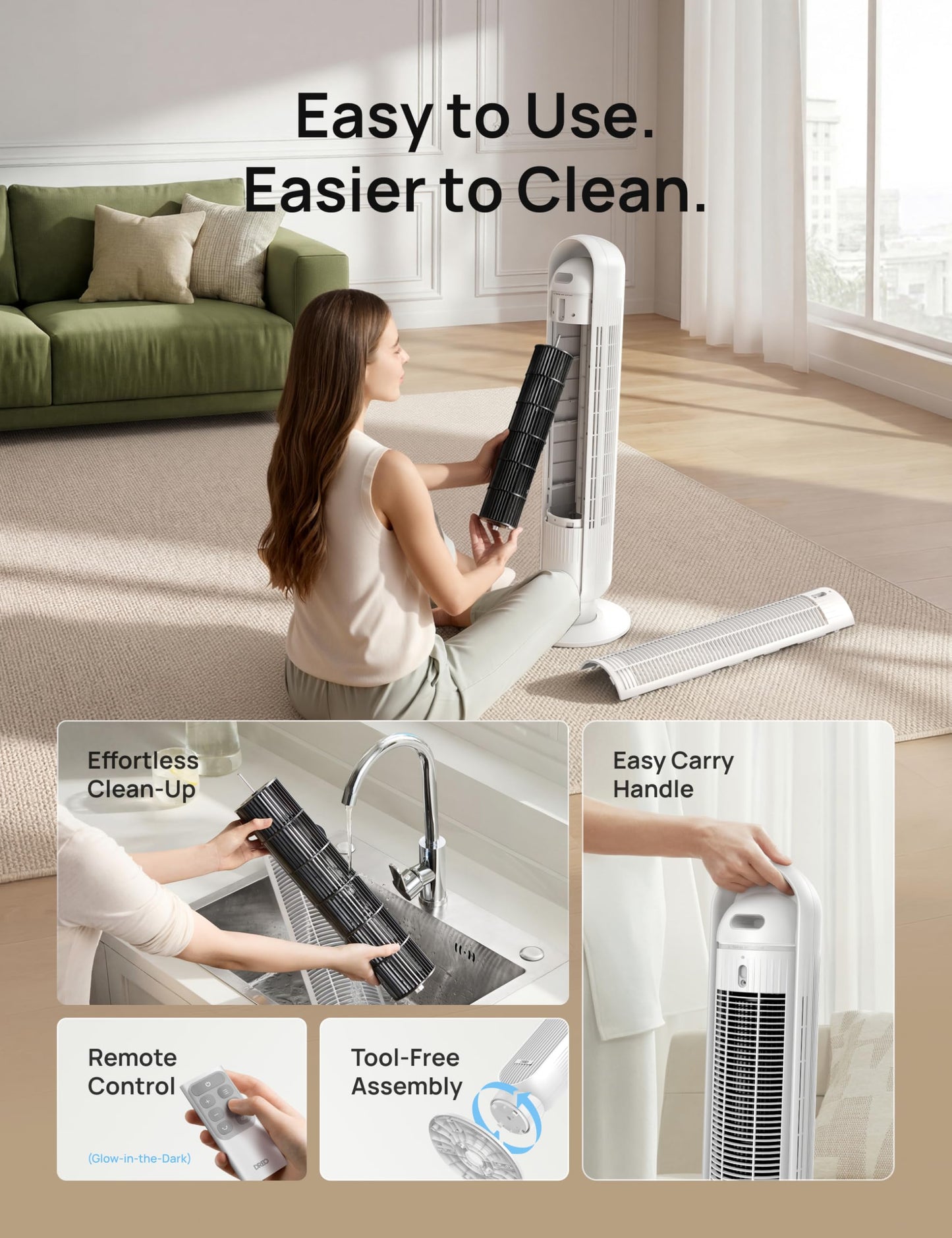 DREO Tower Fan for Bedroom, 28ft/s Velocity, Ultra Quiet Fan, 8 Speeds