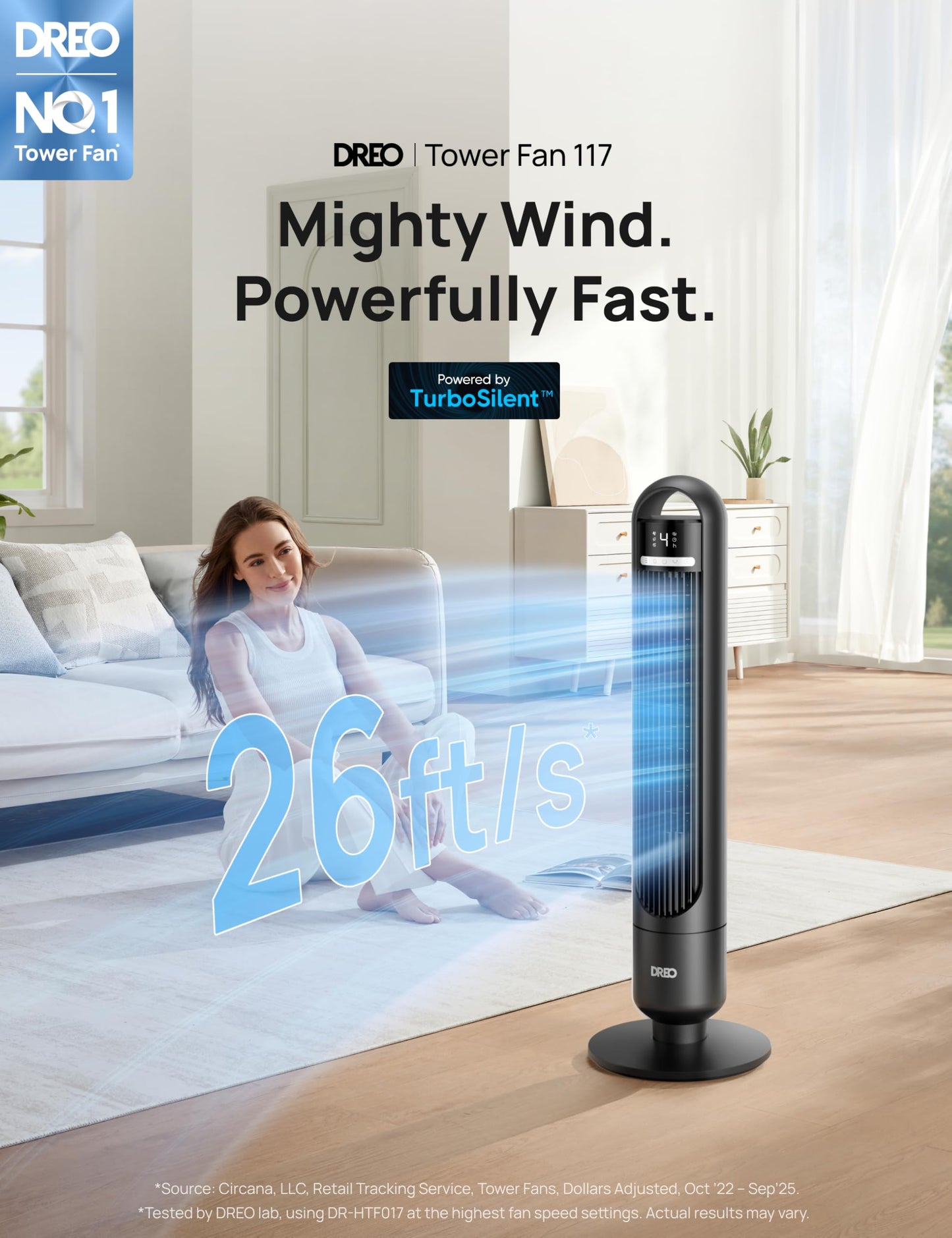DREO Tower Fan for Bedroom, 28ft/s Velocity, Ultra Quiet Fan, 8 Speeds