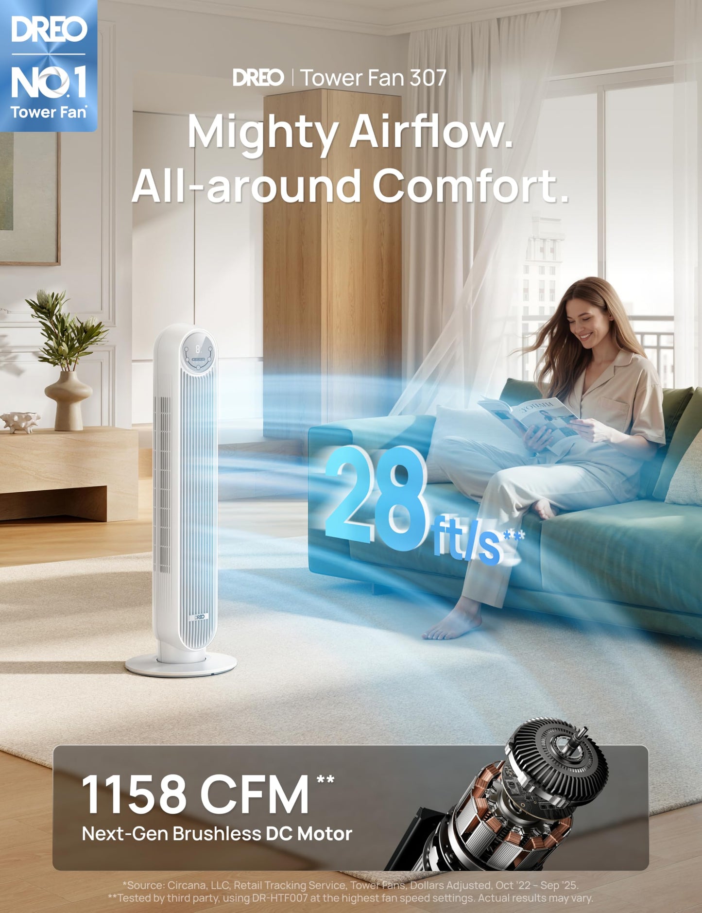 DREO Tower Fan for Bedroom, 28ft/s Velocity, Ultra Quiet Fan, 8 Speeds