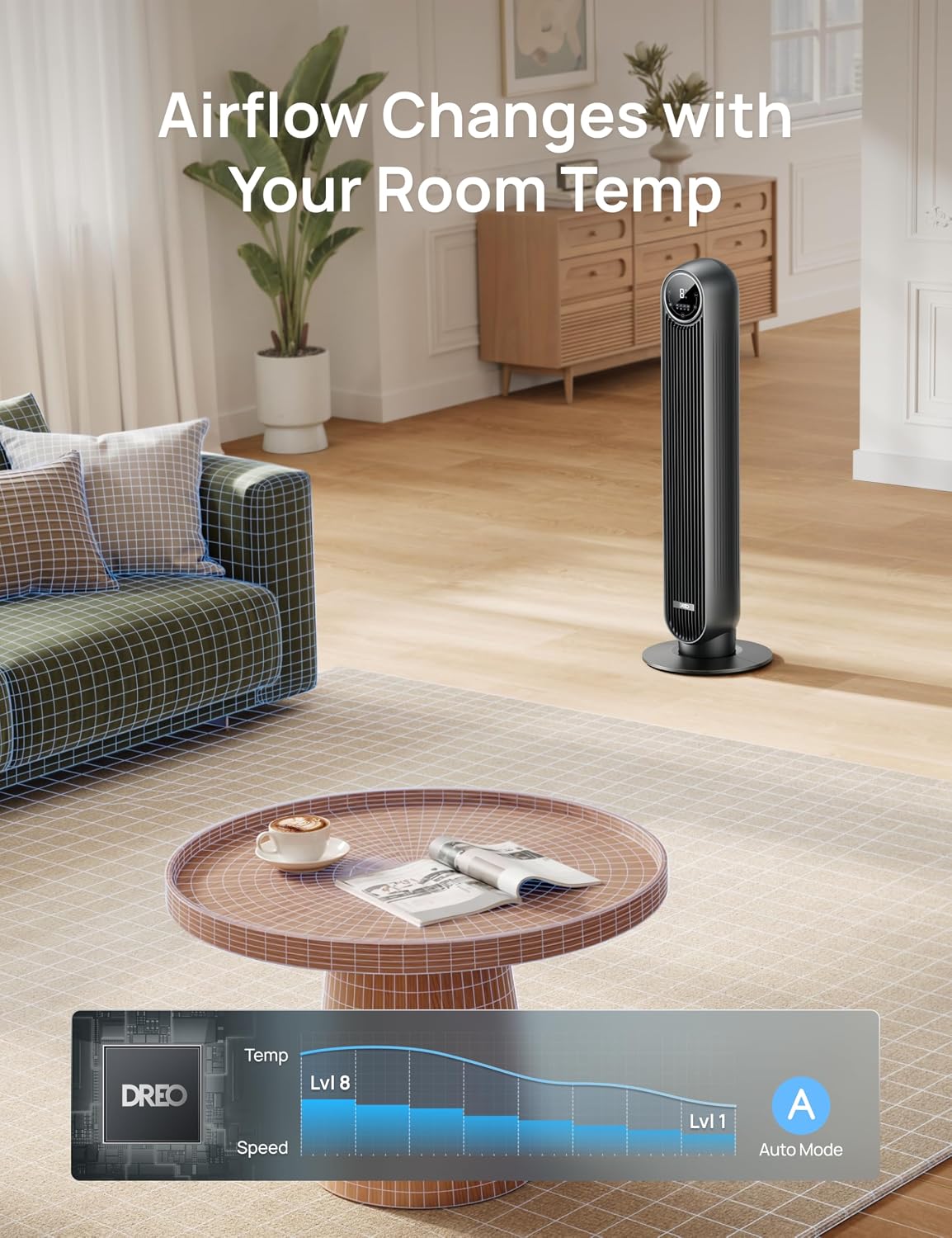 DREO Tower Fan for Bedroom, 28ft/s Velocity, Ultra Quiet Fan, 8 Speeds