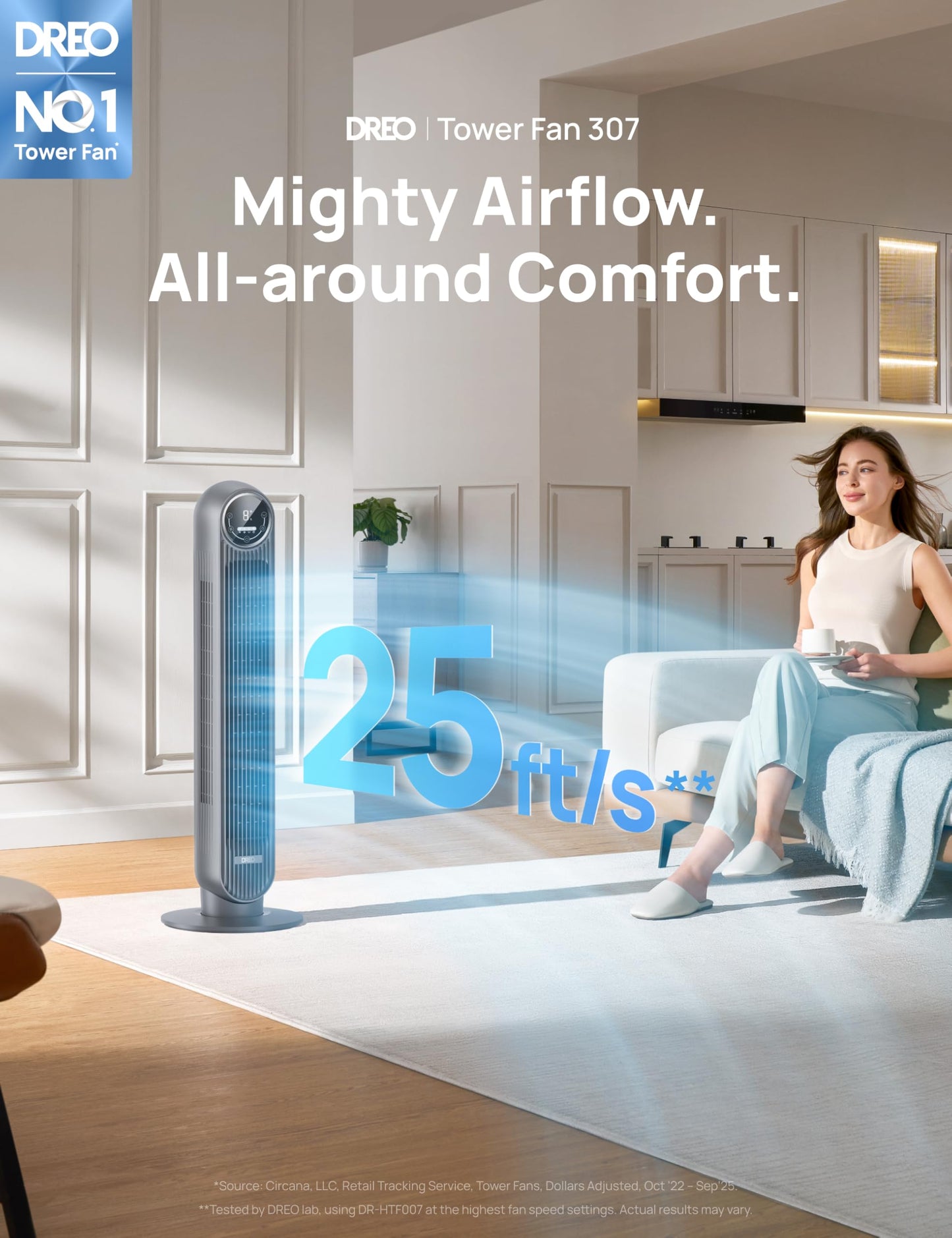 DREO Tower Fan for Bedroom, 28ft/s Velocity, Ultra Quiet Fan, 8 Speeds