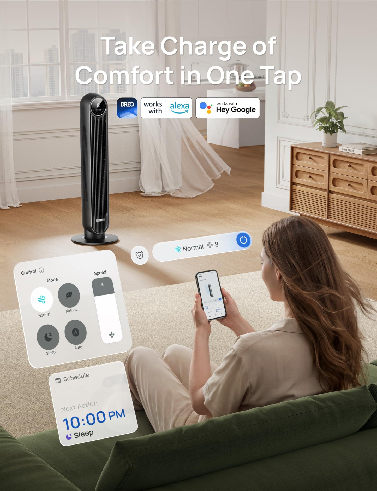 DREO Tower Fan for Bedroom, 28ft/s Velocity, Ultra Quiet Fan, 8 Speeds
