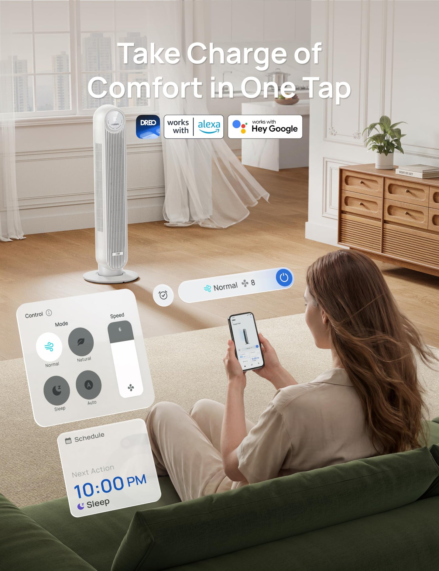 DREO Tower Fan for Bedroom, 28ft/s Velocity, Ultra Quiet Fan, 8 Speeds