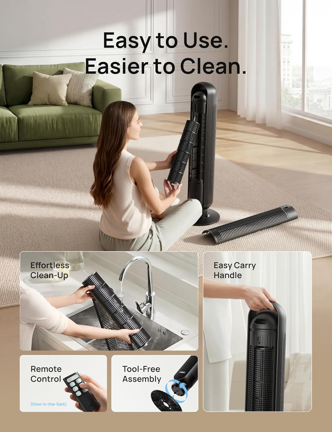 DREO Tower Fan for Bedroom, 28ft/s Velocity, Ultra Quiet Fan, 8 Speeds