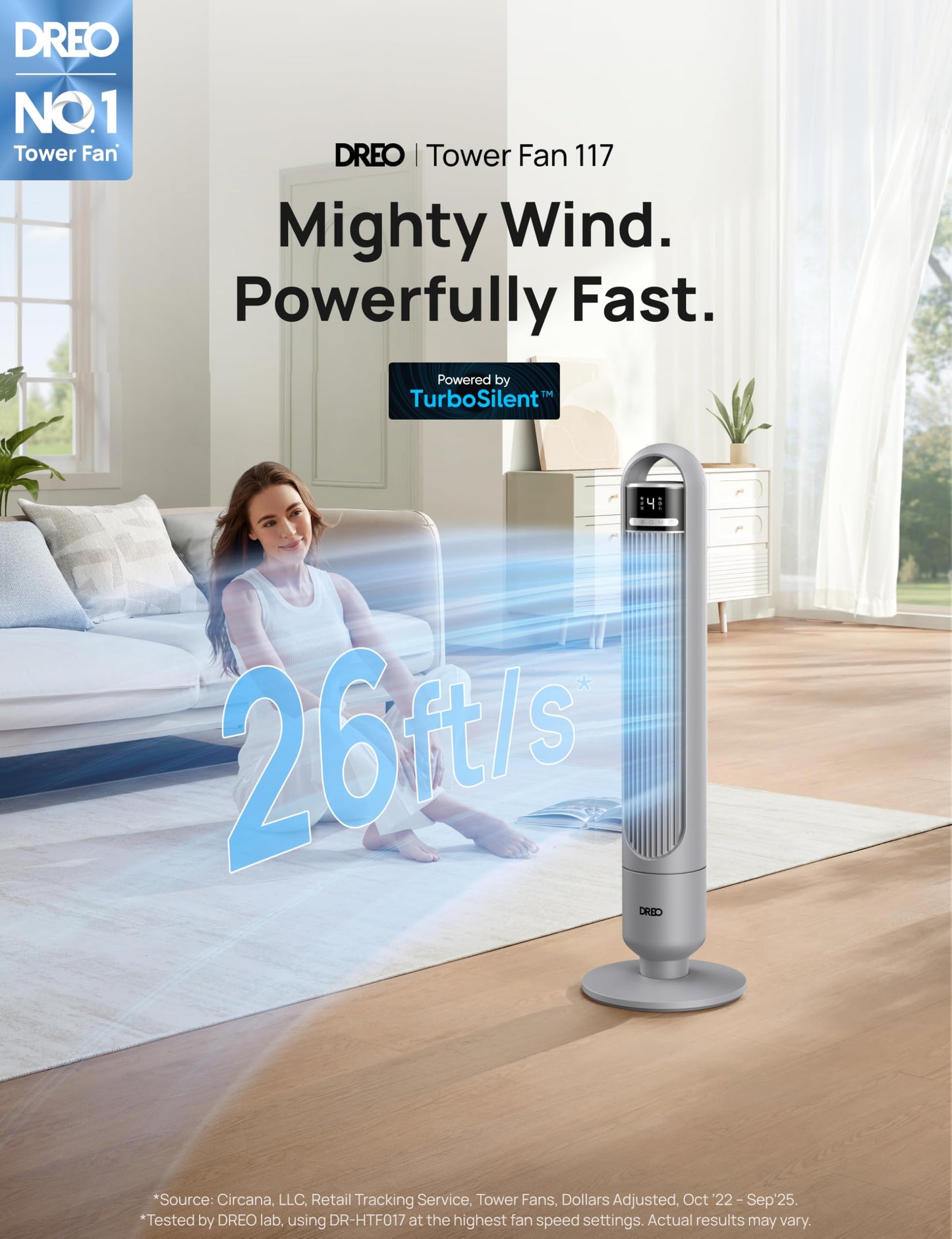 DREO Tower Fan for Bedroom, 28ft/s Velocity, Ultra Quiet Fan, 8 Speeds