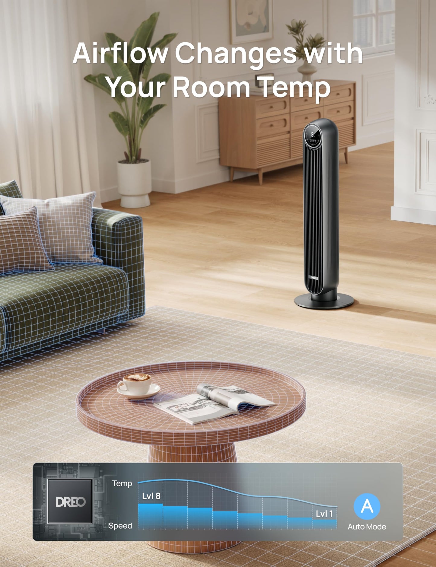 DREO Tower Fan for Bedroom, 28ft/s Velocity, Ultra Quiet Fan, 8 Speeds