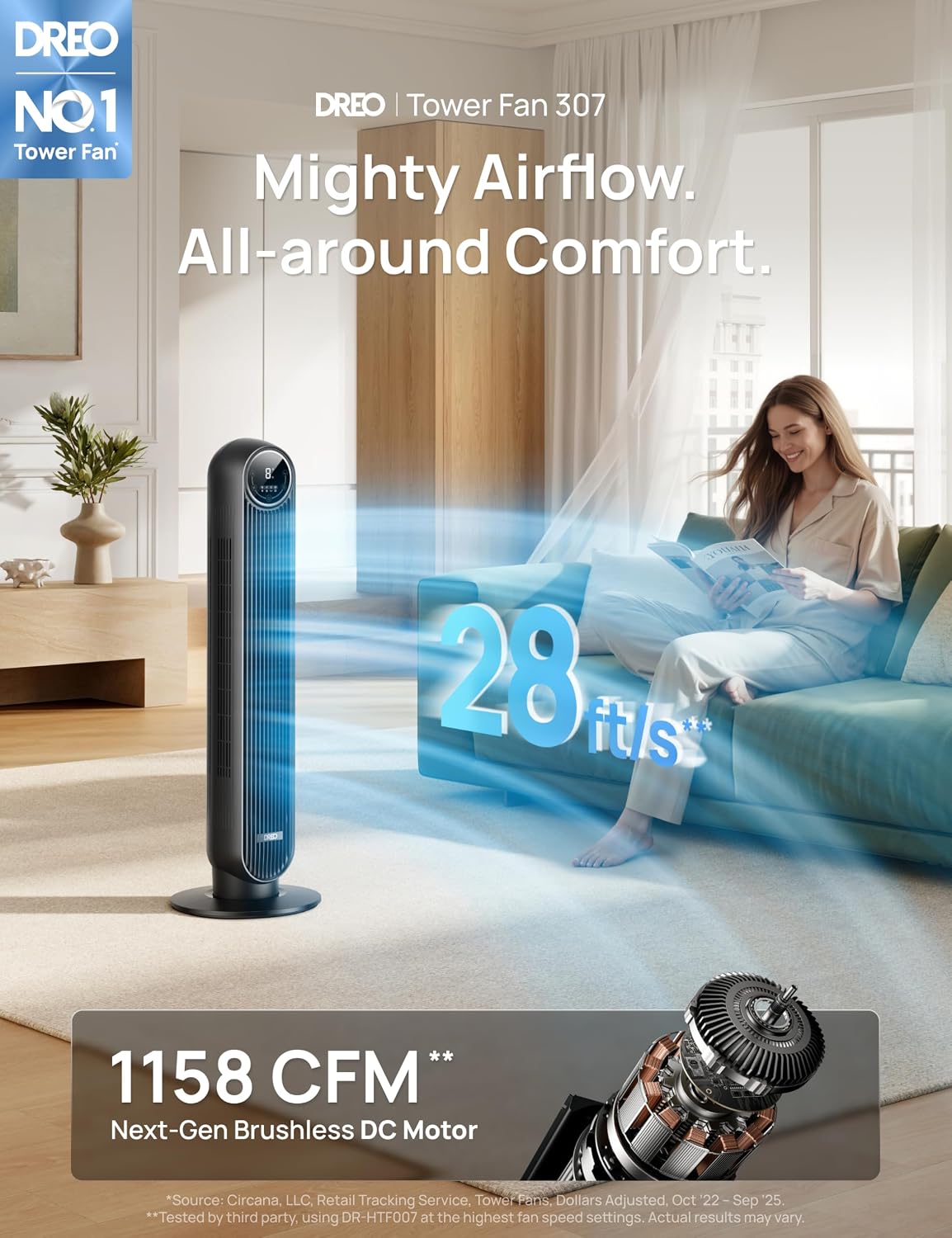 DREO Tower Fan for Bedroom, 28ft/s Velocity, Ultra Quiet Fan, 8 Speeds