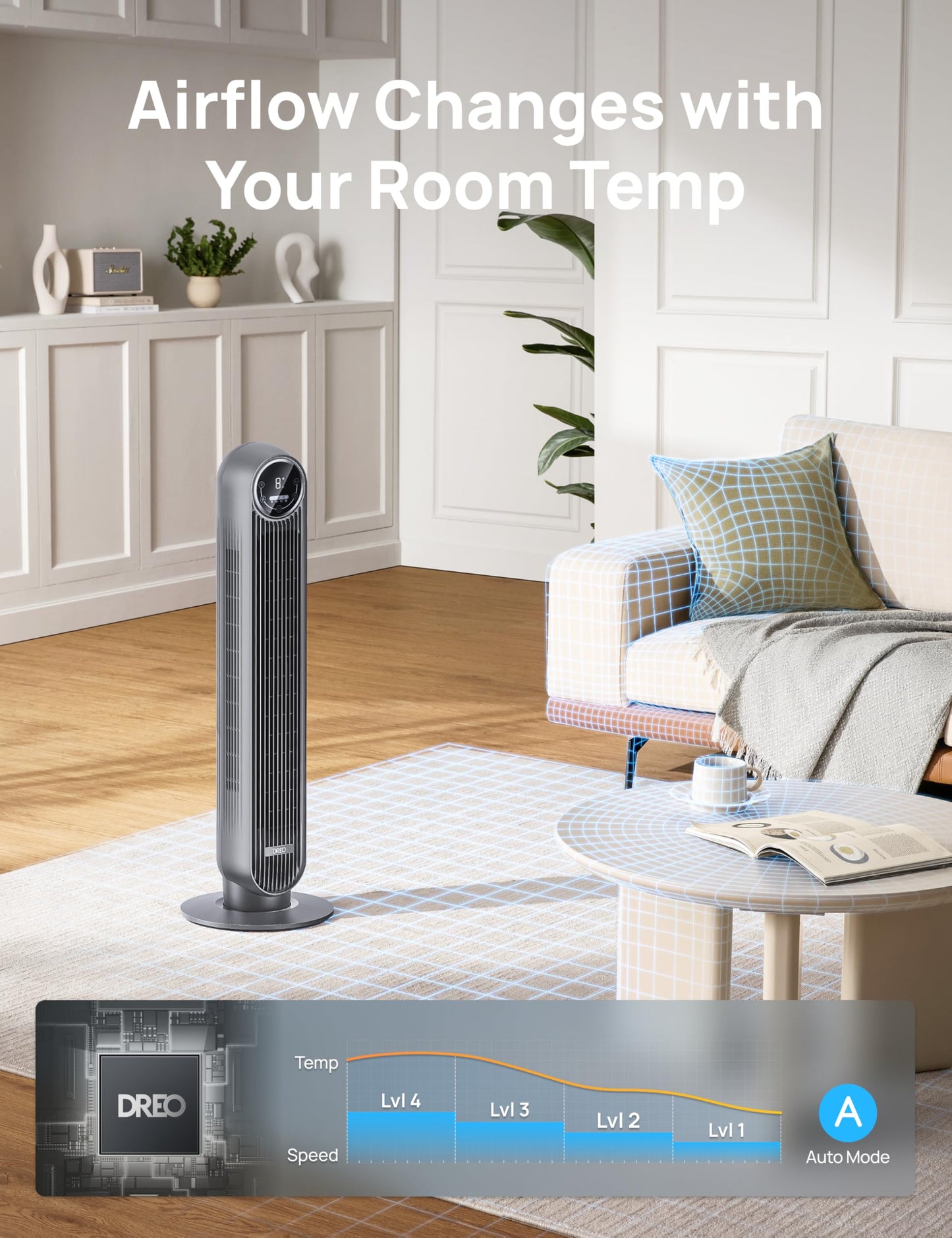 DREO Tower Fan for Bedroom, 28ft/s Velocity, Ultra Quiet Fan, 8 Speeds