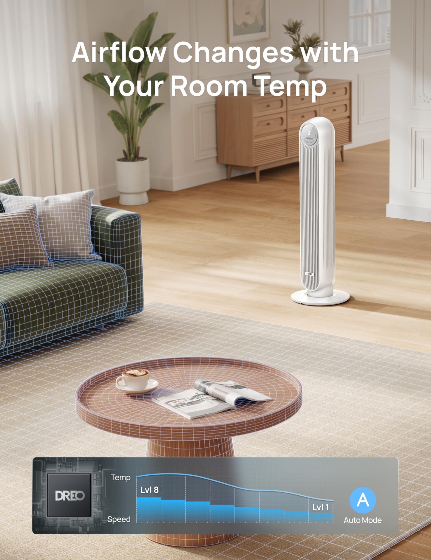 DREO Tower Fan for Bedroom, 28ft/s Velocity, Ultra Quiet Fan, 8 Speeds