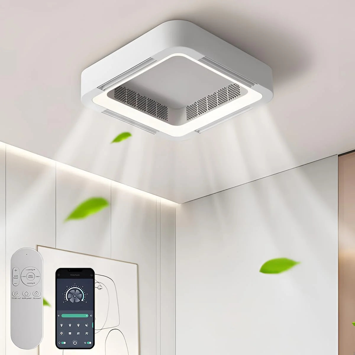 2026 Bladeless Ceiling Fan Light Flush Mount Smart APP Control Dimmable Square LED Ceiling Fan with Light and Remote