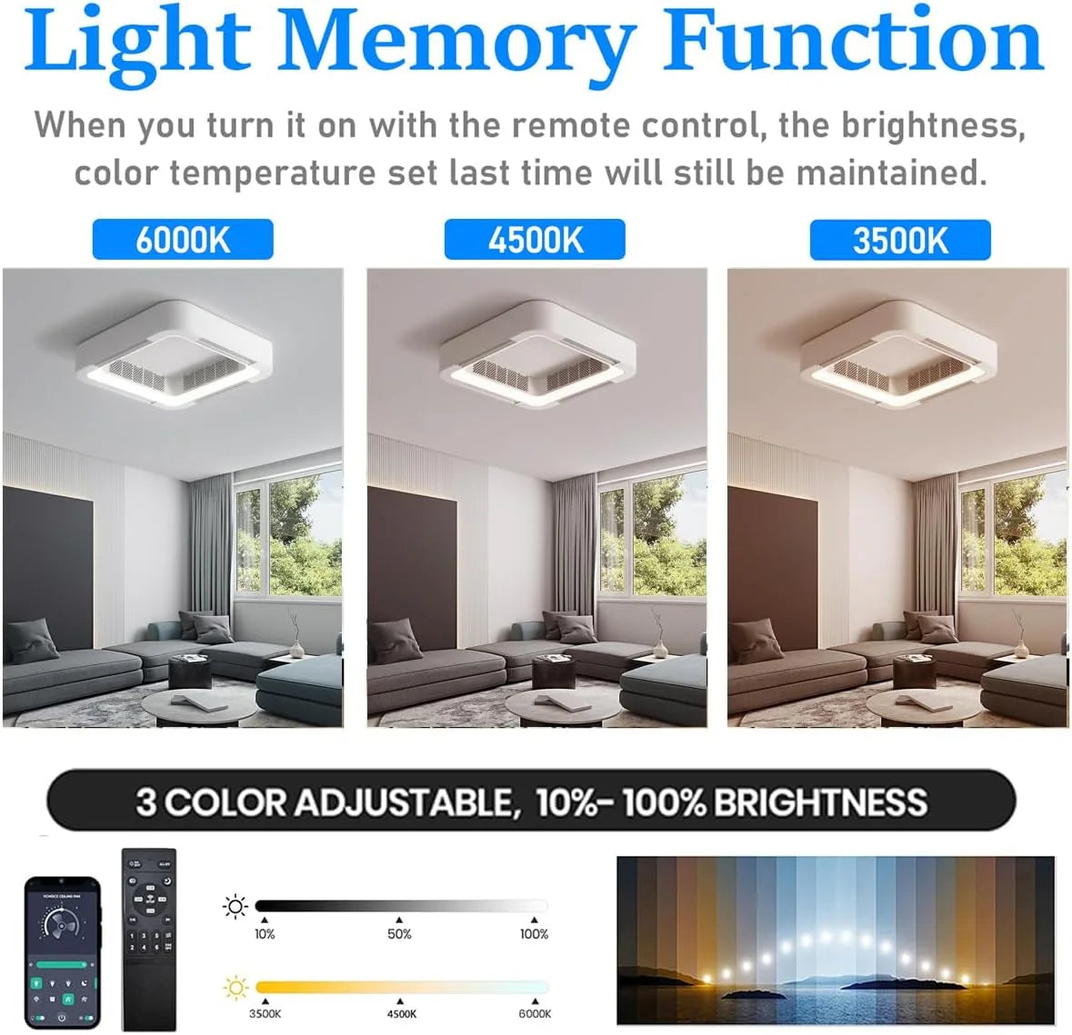 2026 Bladeless Ceiling Fan Light Flush Mount Smart APP Control Dimmable Square LED Ceiling Fan with Light and Remote
