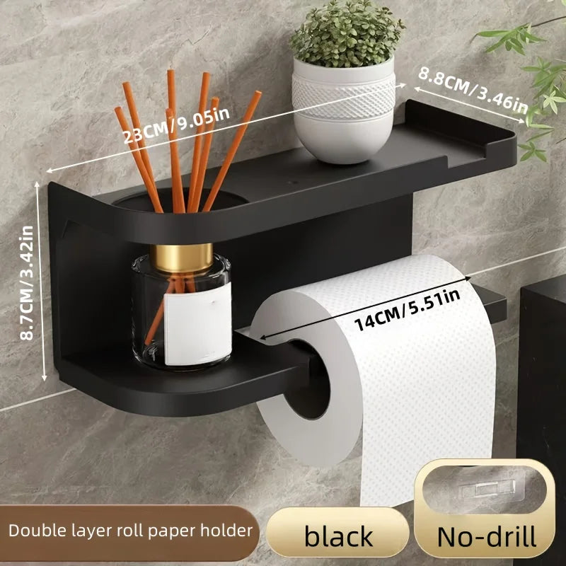 Self-Adhesive Toilet Paper Holder with Phone Shelf Stainless Steel Wall-Mounted Toilet Paper Roll Holder - Rustproof