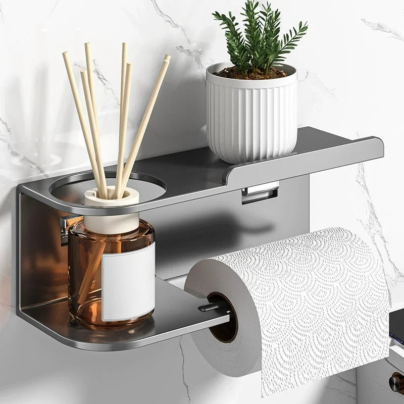 Self-Adhesive Toilet Paper Holder with Phone Shelf Stainless Steel Wall-Mounted Toilet Paper Roll Holder - Rustproof