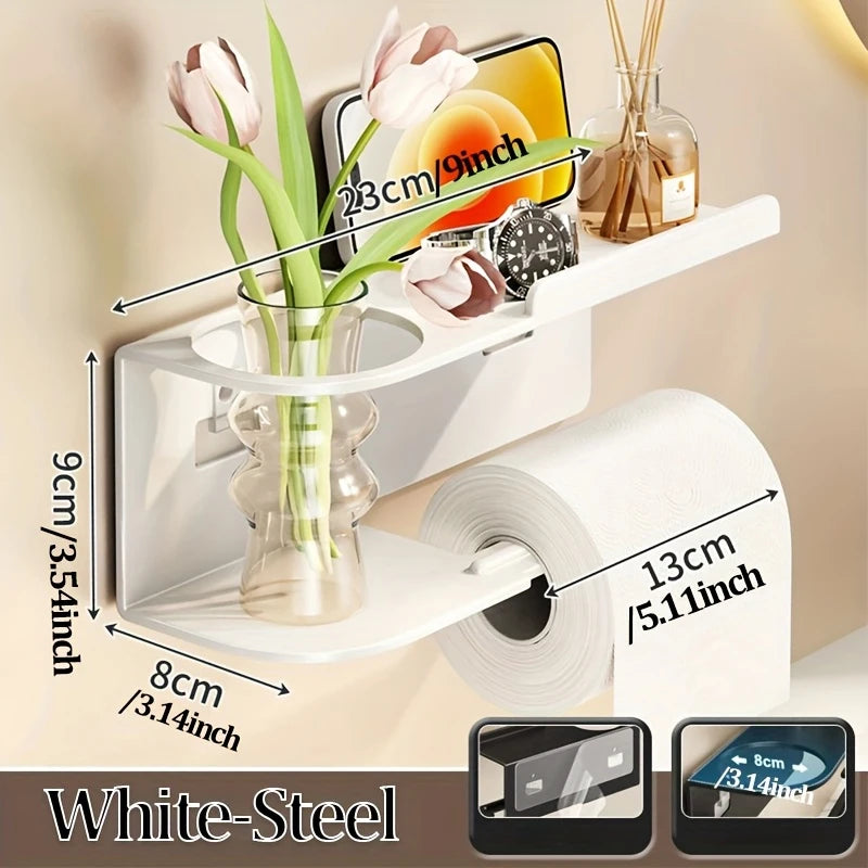 Self-Adhesive Toilet Paper Holder with Phone Shelf Stainless Steel Wall-Mounted Toilet Paper Roll Holder - Rustproof