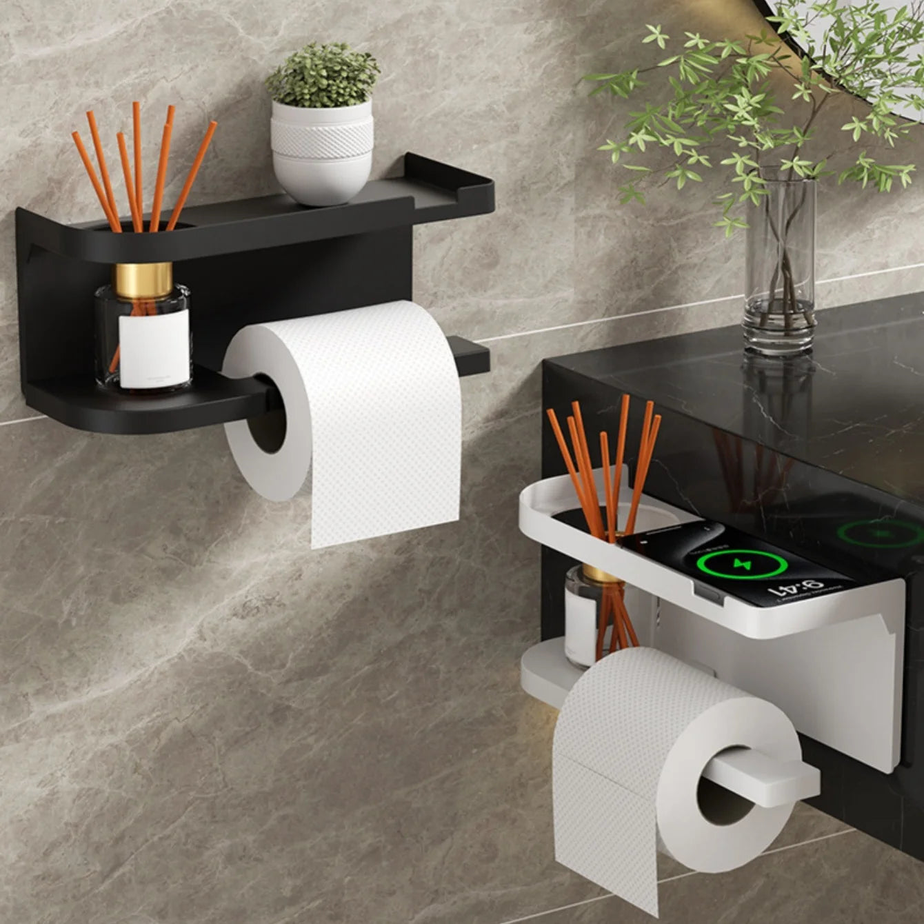 Self-Adhesive Toilet Paper Holder with Phone Shelf Stainless Steel Wall-Mounted Toilet Paper Roll Holder - Rustproof