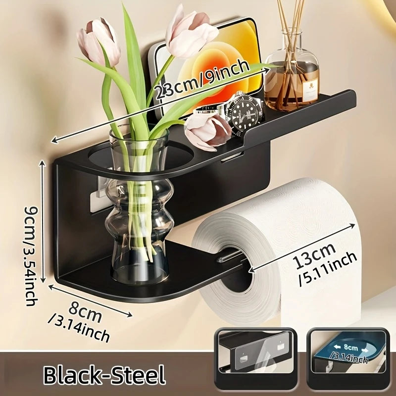 Self-Adhesive Toilet Paper Holder with Phone Shelf Stainless Steel Wall-Mounted Toilet Paper Roll Holder - Rustproof