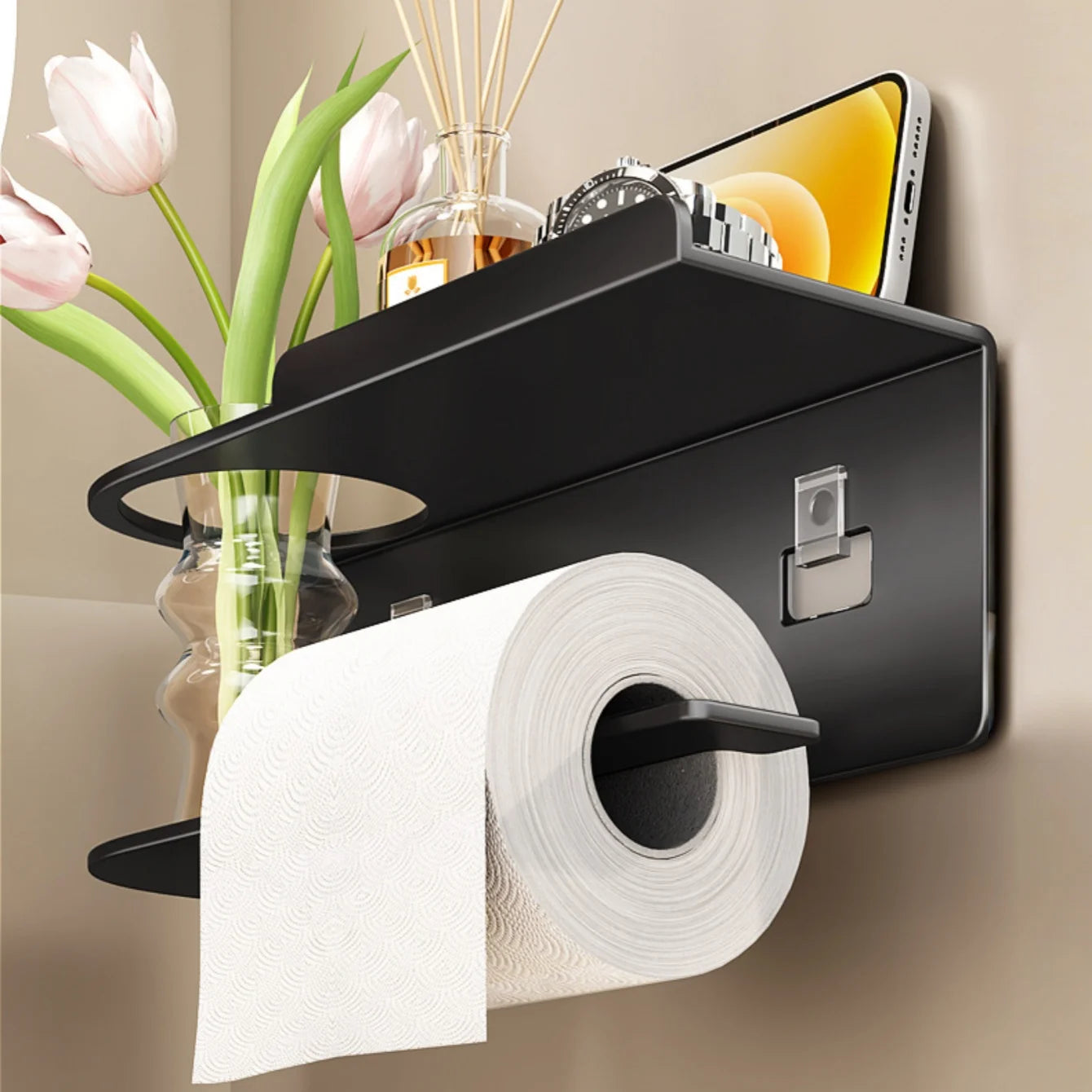 Self-Adhesive Toilet Paper Holder with Phone Shelf Stainless Steel Wall-Mounted Toilet Paper Roll Holder - Rustproof