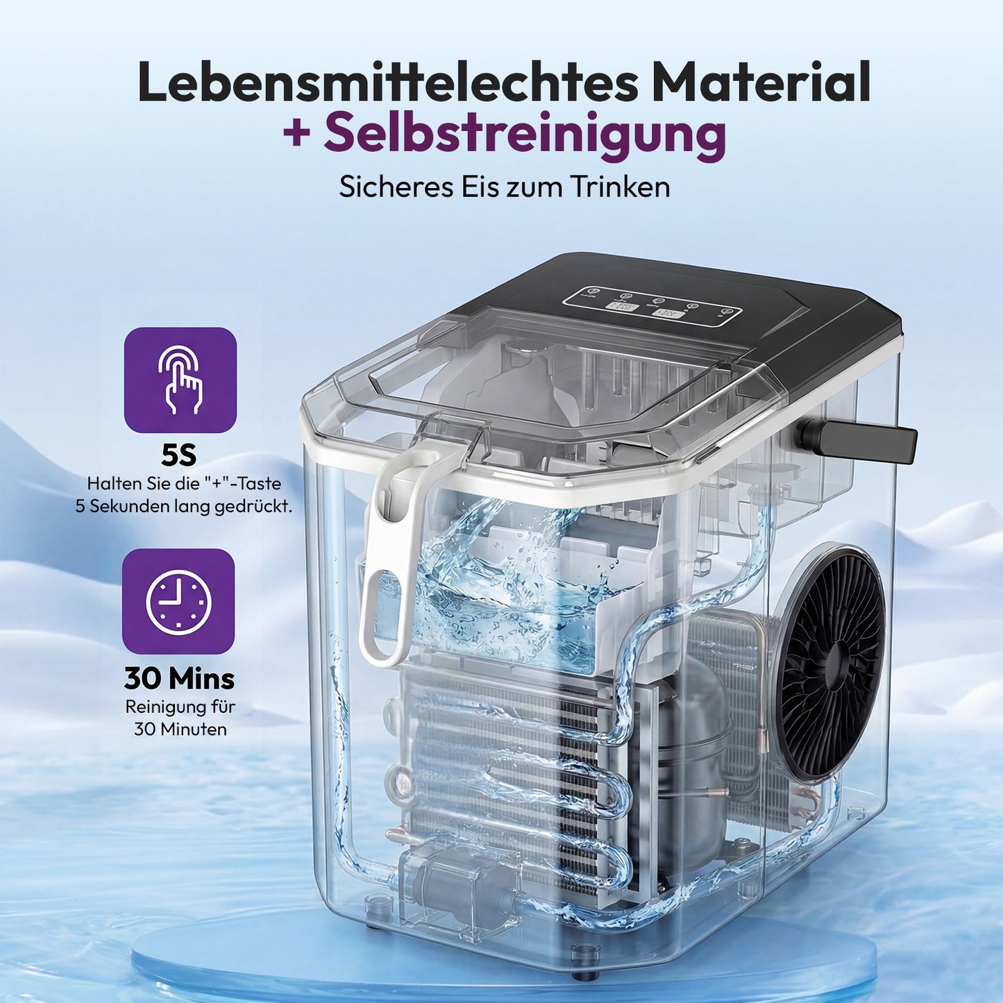 Ice Cube Machine 12kg Ice Cube Maker Self Cleaning LED 2 Ice Sizes 6 Min