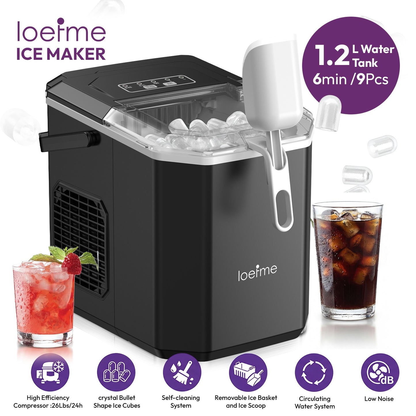 Ice Cube Machine 12kg Ice Cube Maker Self Cleaning LED 2 Ice Sizes 6 Min