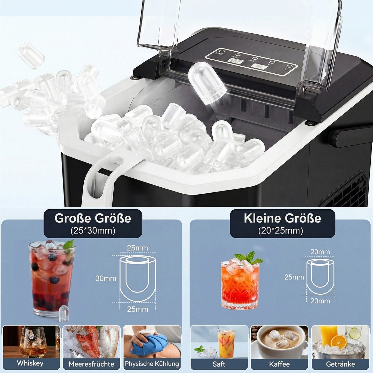 Ice Cube Machine 12kg Ice Cube Maker Self Cleaning LED 2 Ice Sizes 6 Min