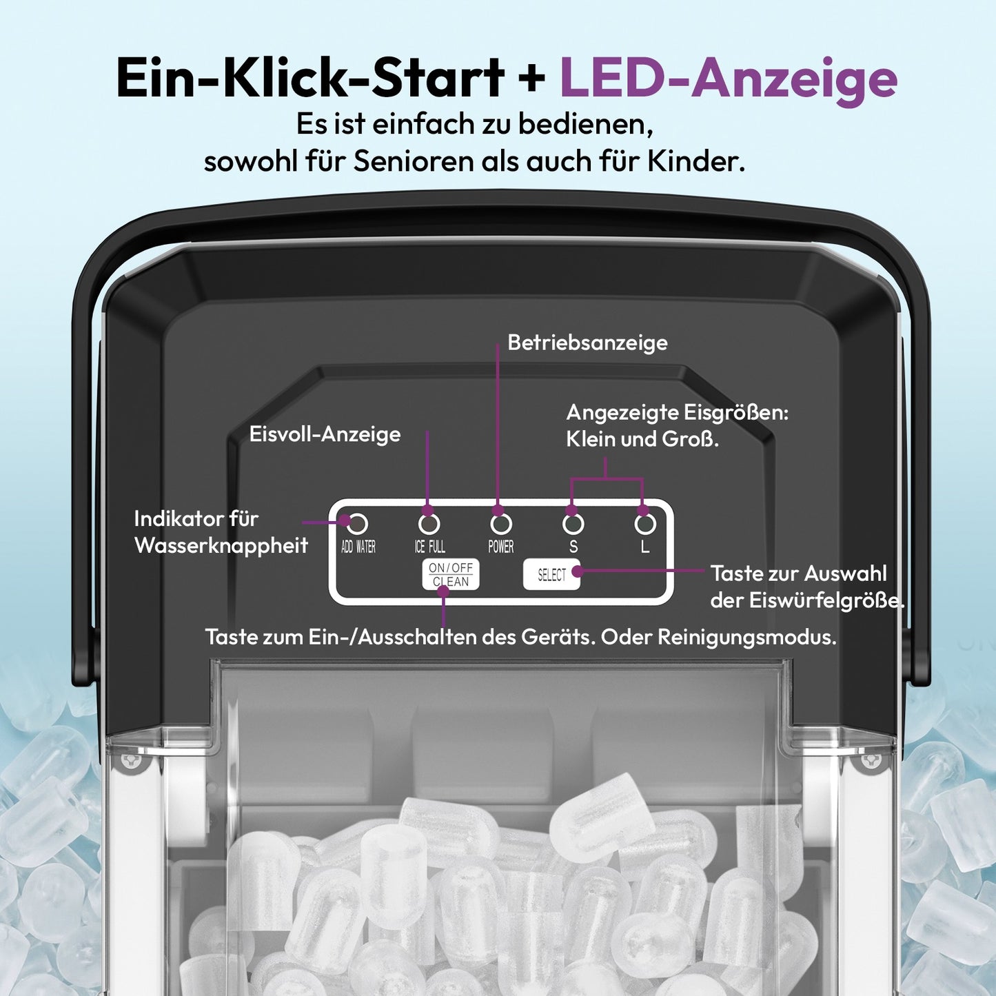Ice Cube Machine 12kg Ice Cube Maker Self Cleaning LED 2 Ice Sizes 6 Min