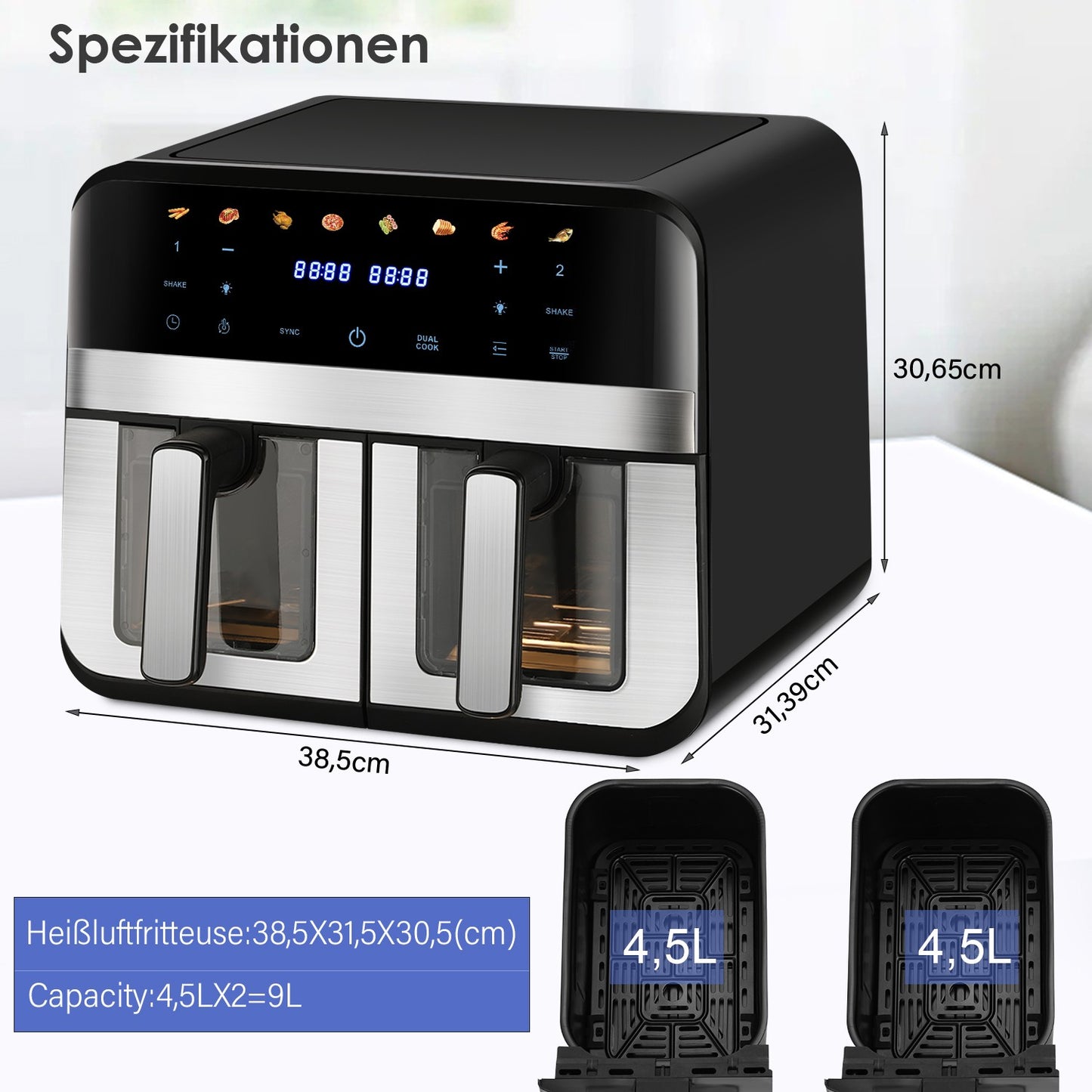 9L Double Air Fryer XXL AirFryer Digital Touch Air Fryer 2400W