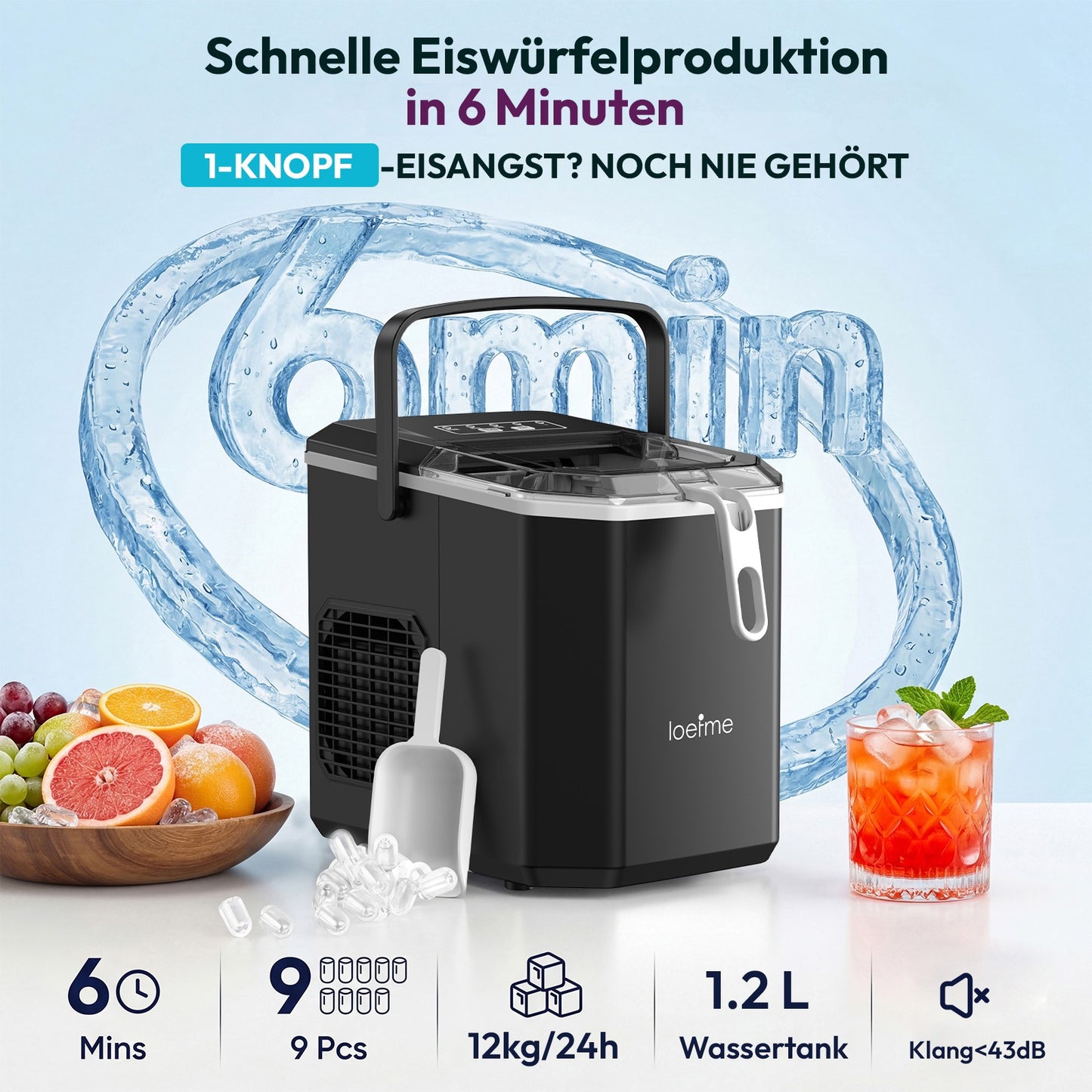 Ice Cube Machine 12kg Ice Cube Maker Self Cleaning LED 2 Ice Sizes 6 Min
