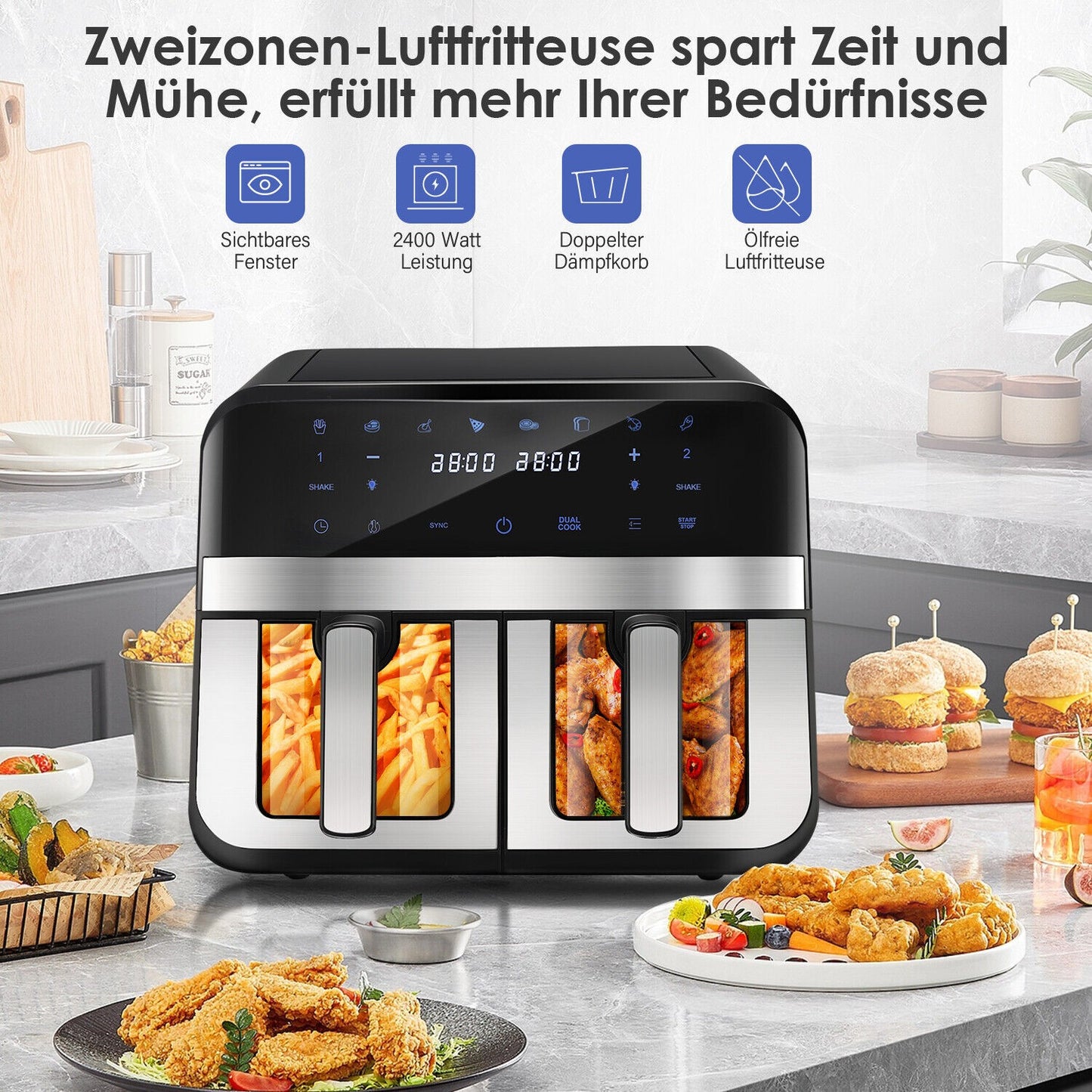 9L Double Air Fryer XXL AirFryer Digital Touch Air Fryer 2400W